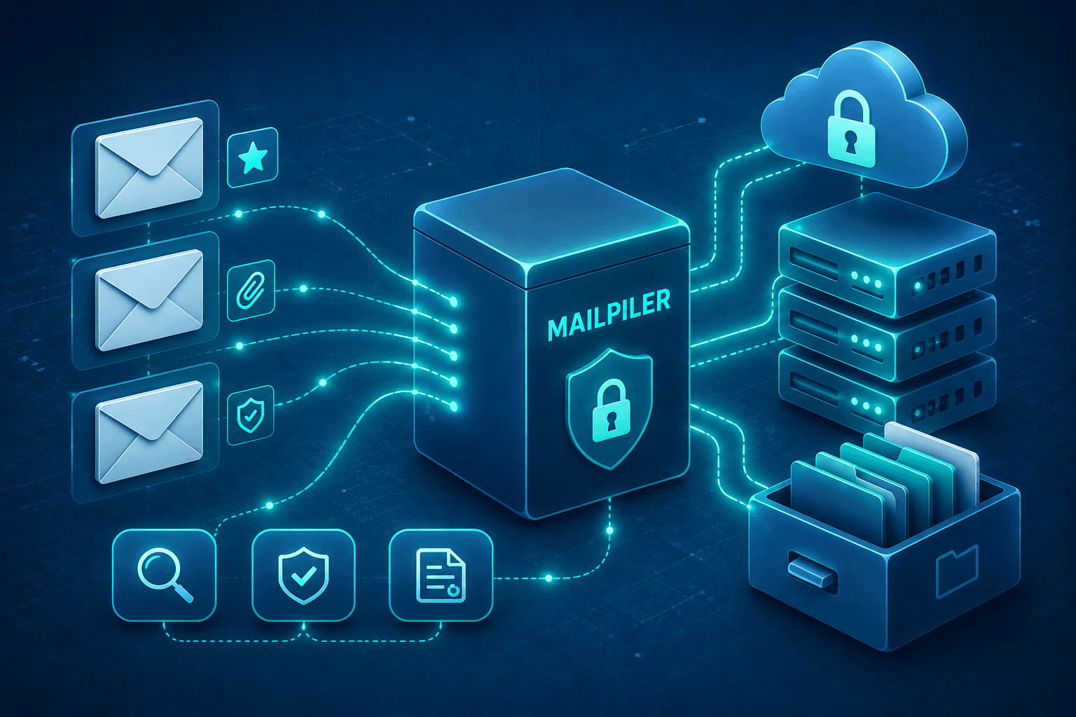 Mailpiler email archiving and security system illustration Mailpiler email archiving and security system illustration